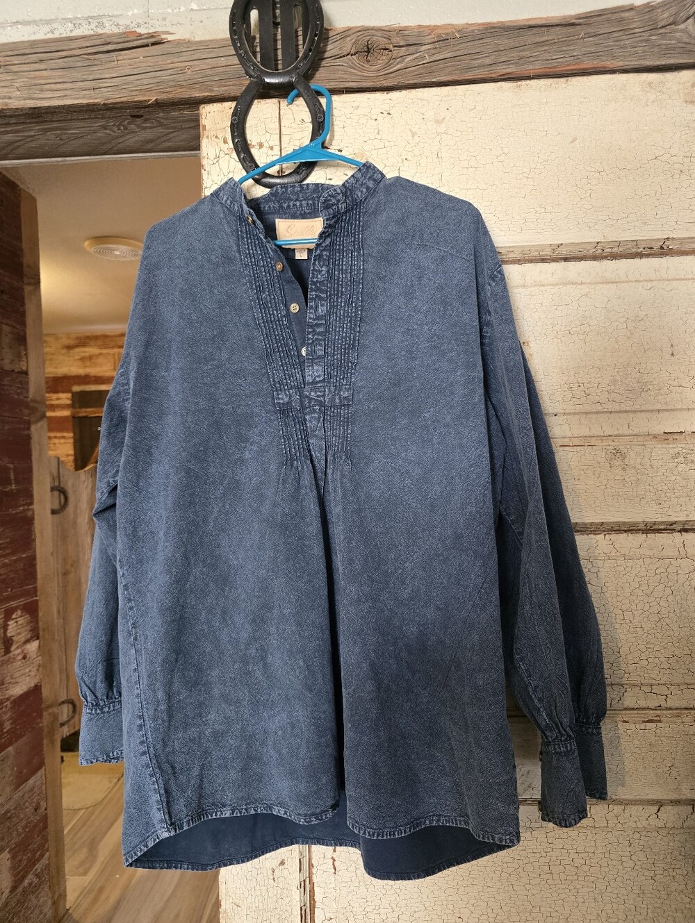 Scully High End Western Vintage Style Washed Indigo Pullover Collarless Shirt LG